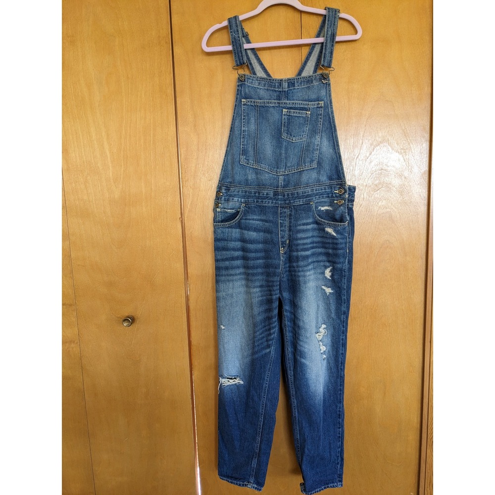 Hollister Distressed Denim Overalls Womens XL Medium Wash Ripped Bib Jumpsuit